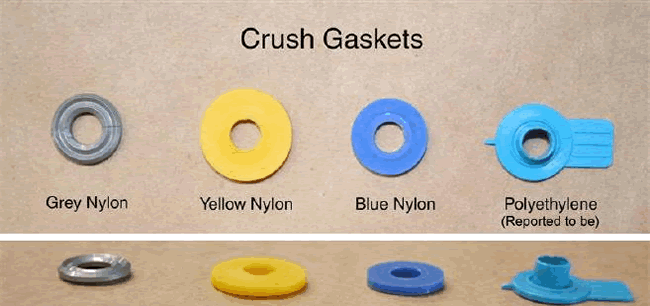 Figure 1 : Examples of crush gaskets available for CGA 870 type medical post valves.  They are labeled grey nylon, yellow nylon, blue nylon and polyethylene (reported to be)
