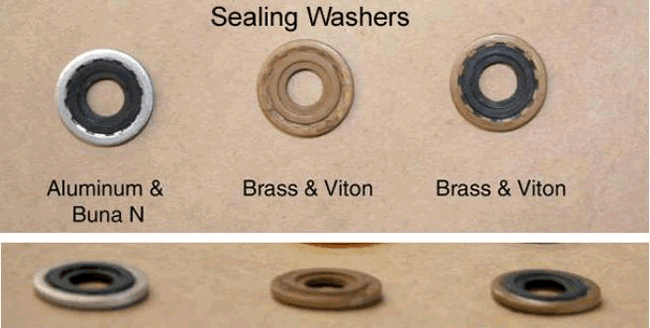Figure 2: Examples of some sealing washers available for CGA 870 Style medical post valves.   They are labeled Aluminum and Buna N, Brass and Viton, Brass and Viton